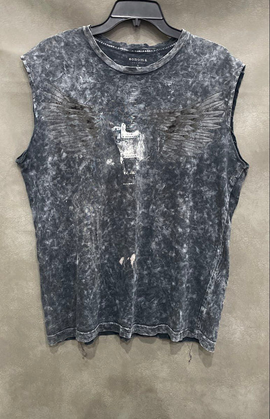Sonoma Men's Grey Acid Wash Eagle Wings Guitar Graphic Sleeveless Shirt Sz L