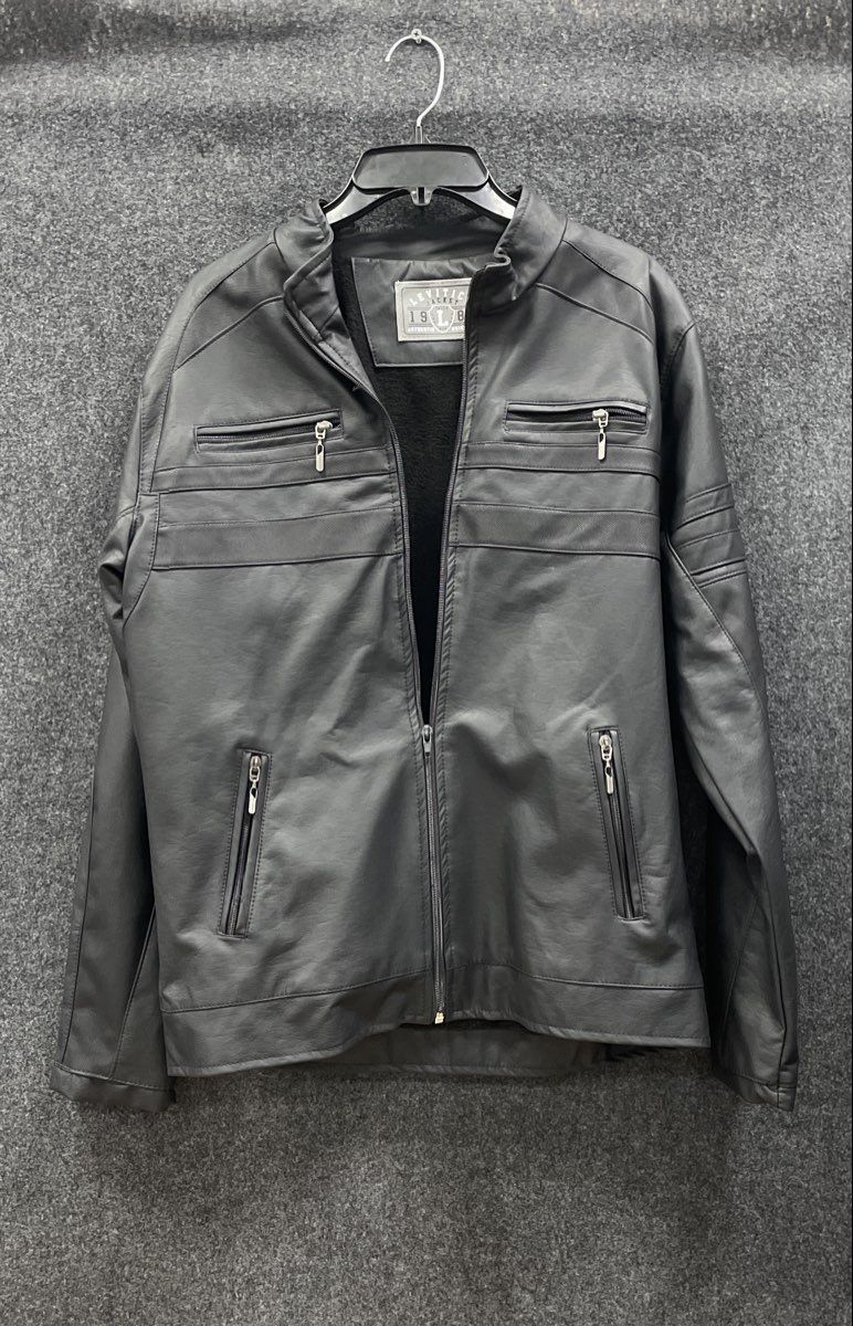 Levitico Men's Black Faux Leather Cafe Racer Full Zip Jacket Fleece Lined Sz L