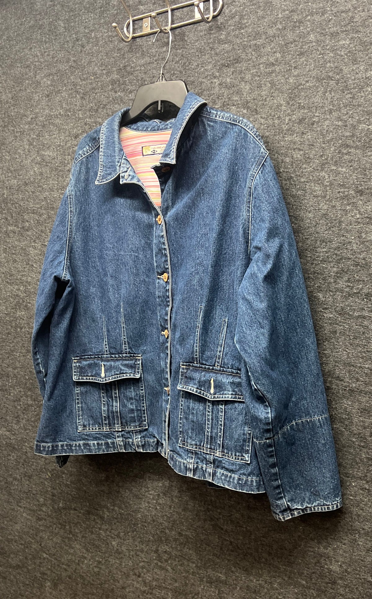 Caribbean Joe Women's Blue Denim Jacket Button Front Striped Trim Pockets
