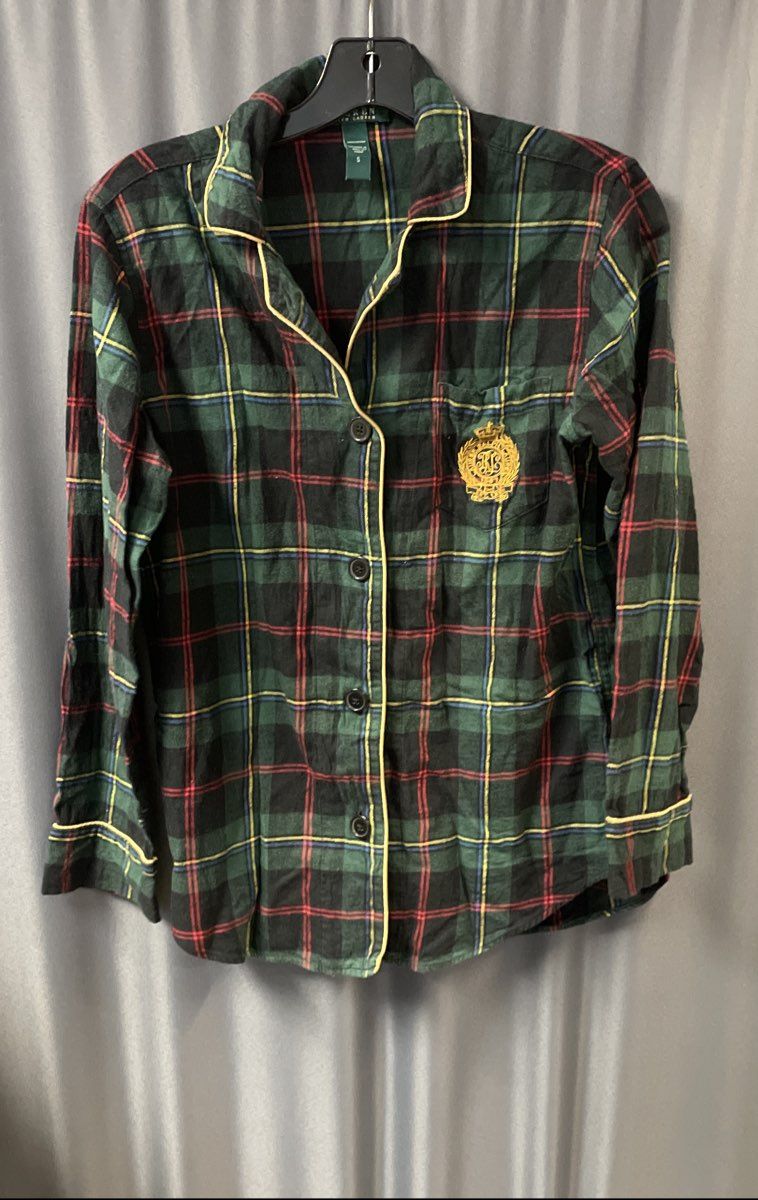 Lauren Ralph Lauren Women's Green Plaid Cotton Pajama Set Crest Sz S