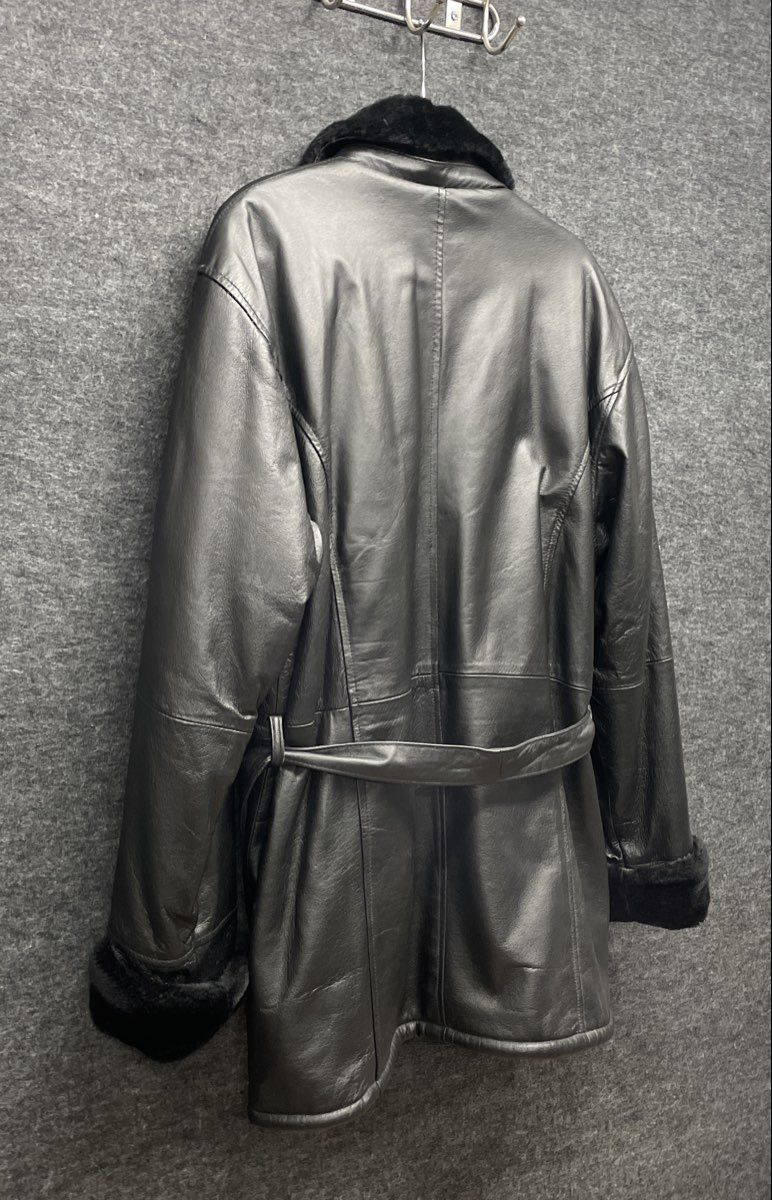 The Connection New York Women's Black Leather Faux Fur Trim Belted Jacket Sz L