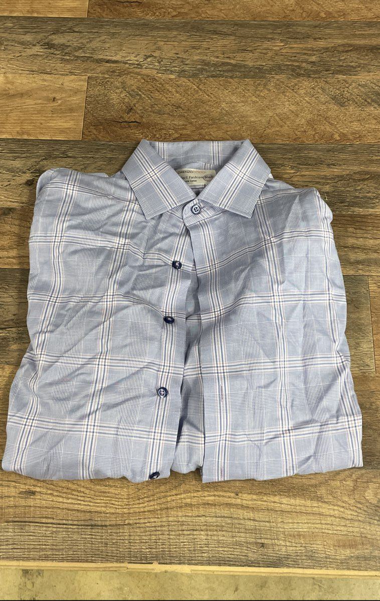 Lorenzo Uomo Men's Blue Glen Plaid Cotton Spread Collar Dress Shirt L/S