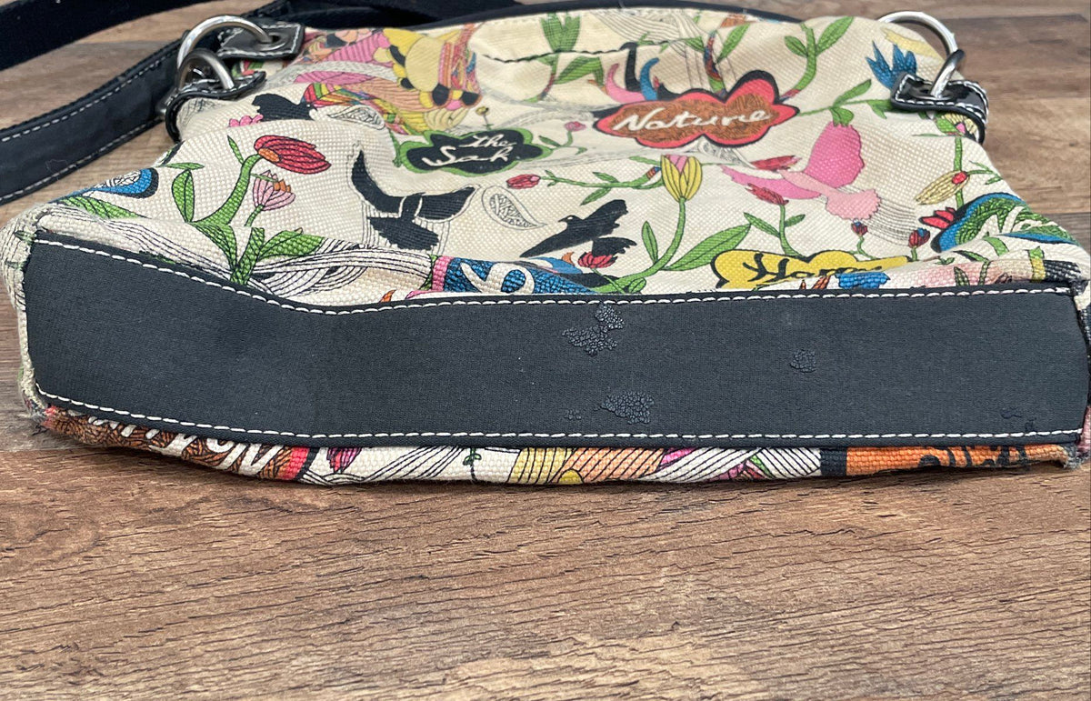 Sakroots Tan Nature Bird Print Canvas Crossbody Bag Peace Nature Patches