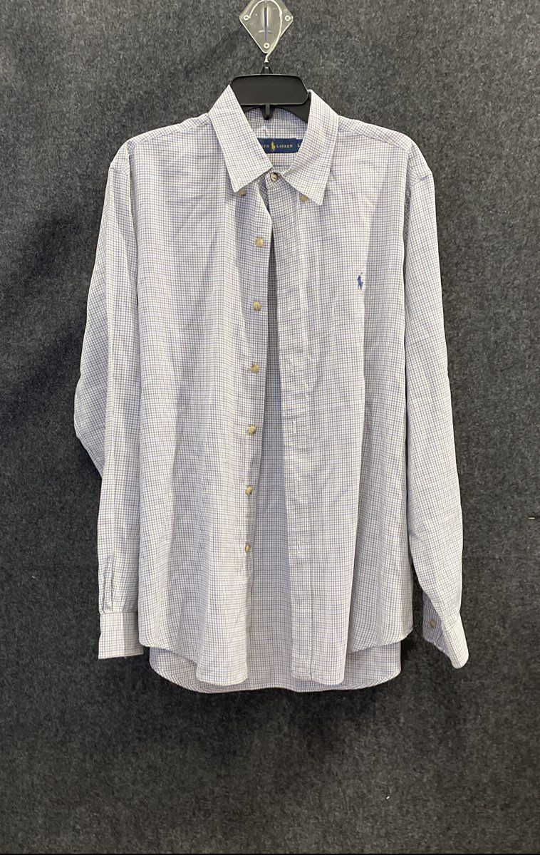 Ralph Lauren Men's Button Up Shirt Blue White Brown Check Cotton Long Sleeve L