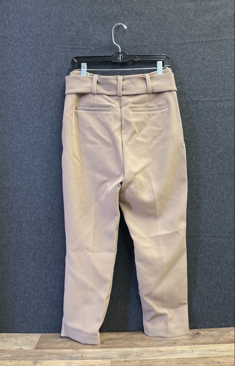 New York & Company Women's Tan 7th Ave Belted High Waist Tapered Pants Sz 8