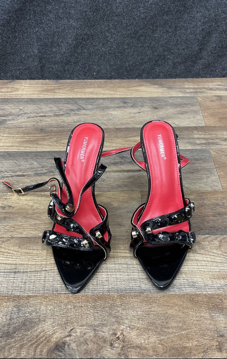 Yumermer Black Red Patent Pointed Toe Stiletto Sandals Size 37