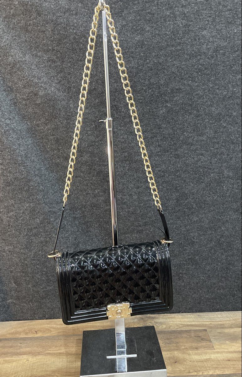 Black Quilted Jelly Handbag Gold Tone Chain Strap Shoulder Flap Bag