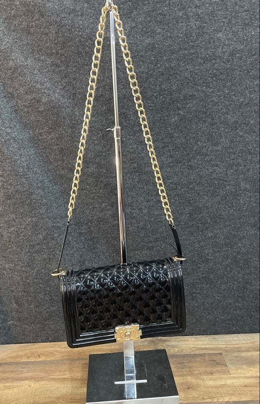 Black Quilted Jelly Handbag Gold Tone Chain Strap Shoulder Flap Bag