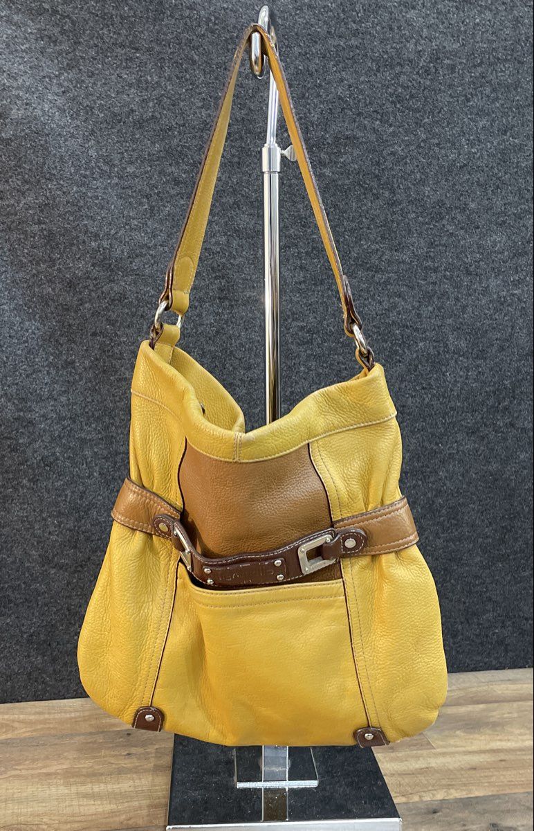 Tignanello Yellow Pebbled Leather Hobo Shoulder Bag Brown Trim Buckle