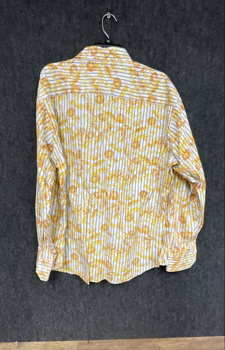 Bugatchi Uomo Men's Long Sleeve Button Down Shirt Yellow Orange Floral Stripe L