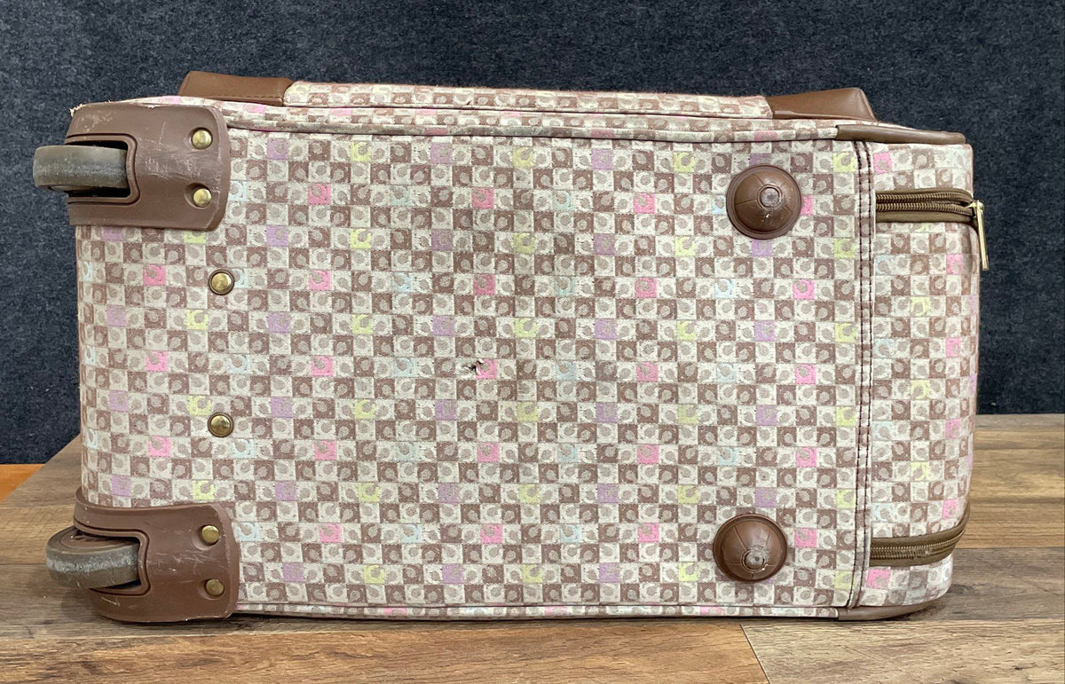 Vintage Liz Claiborne Checkered Rolling Travel Duffle Bag Brown Beige 24"