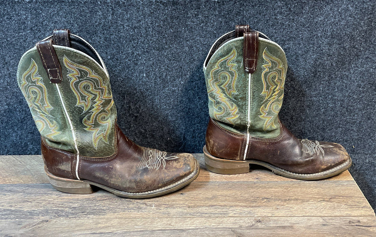 Double H DH4630 Brown Green Leather Square Toe Western Cowboy Boots Size 9.5 D