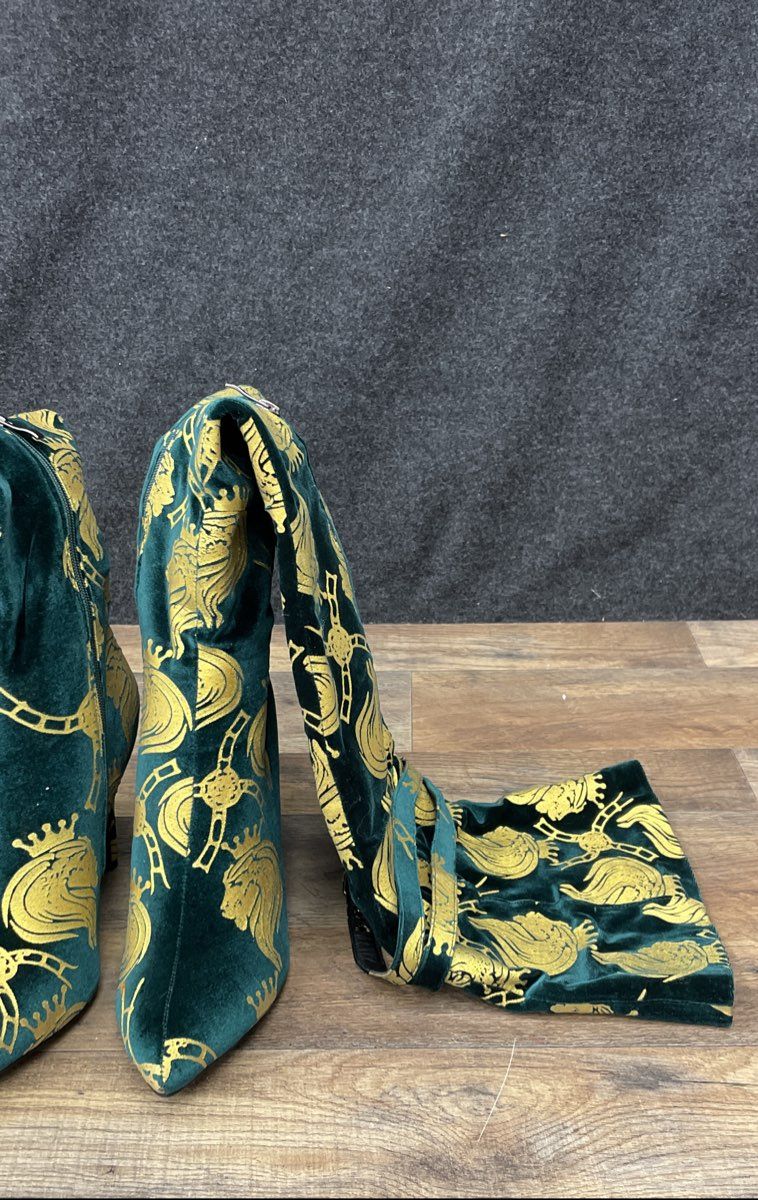 Chimzi Player Green Gold Lion Crest Velvet Thigh High Boots Women's Size 40