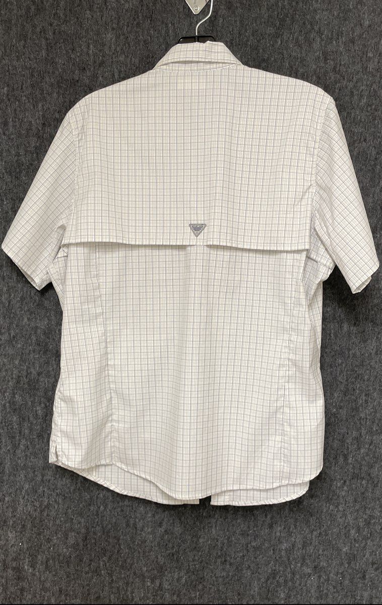 Columbia Men's PFG Tan Blue Plaid Short Sleeve Vented Fishing Shirt Size L