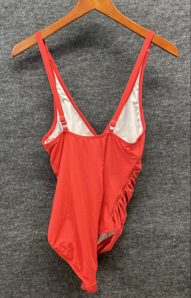 DKNY Women's Red Ruched V-Neck One Piece Swimsuit Adjustable Straps Sz 8