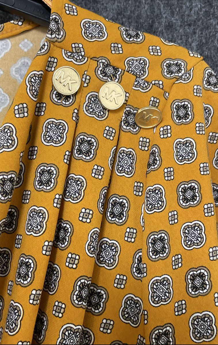 Michael Kors Women's Mustard Geometric Cowl Neck Blouse MK Logo Buttons Size L