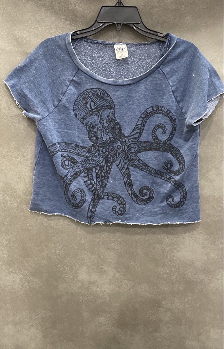 Tokyo Darling Women's Blue Octopus Graphic Raw Hem Raglan Crop Top Size M