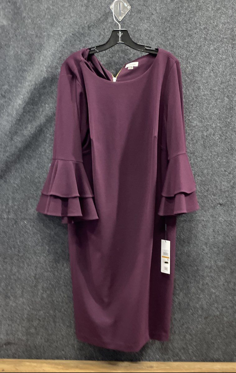 Calvin Klein Women's Purple Tiered Bell Sleeve Sheath Crepe Dress 16W NWT