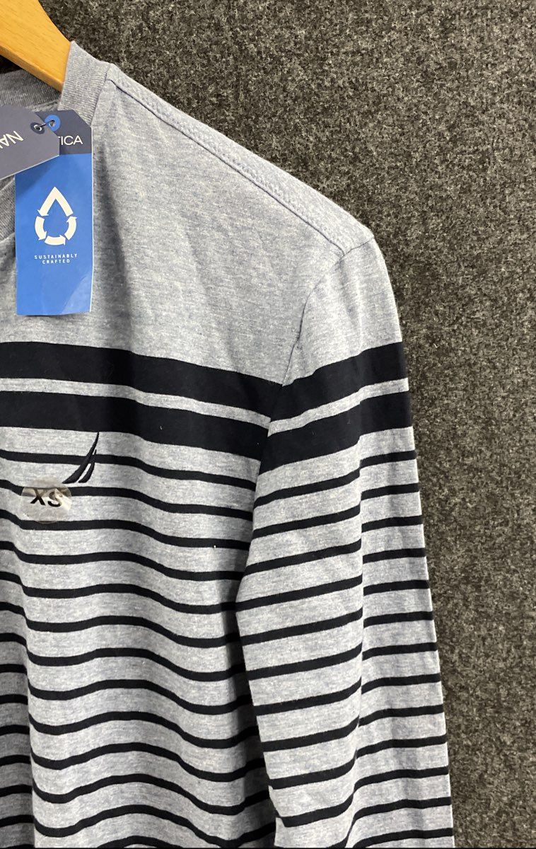 Nautica Men's Long Sleeve Henley Gray Navy Striped NWT Sustainably Crafted Sz XS