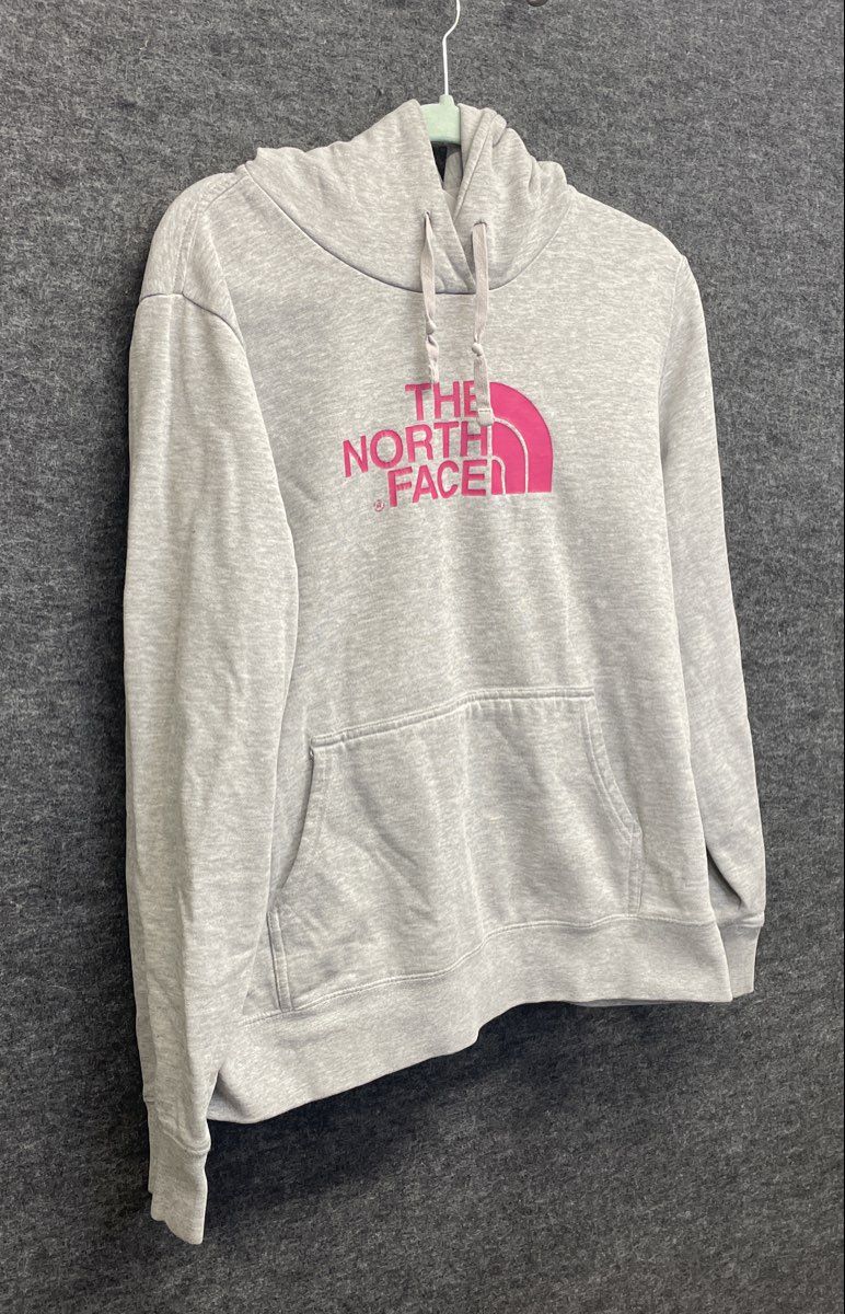 The North Face Women's Hoodie Gray Pink Logo Pullover Kangaroo Pocket Size L