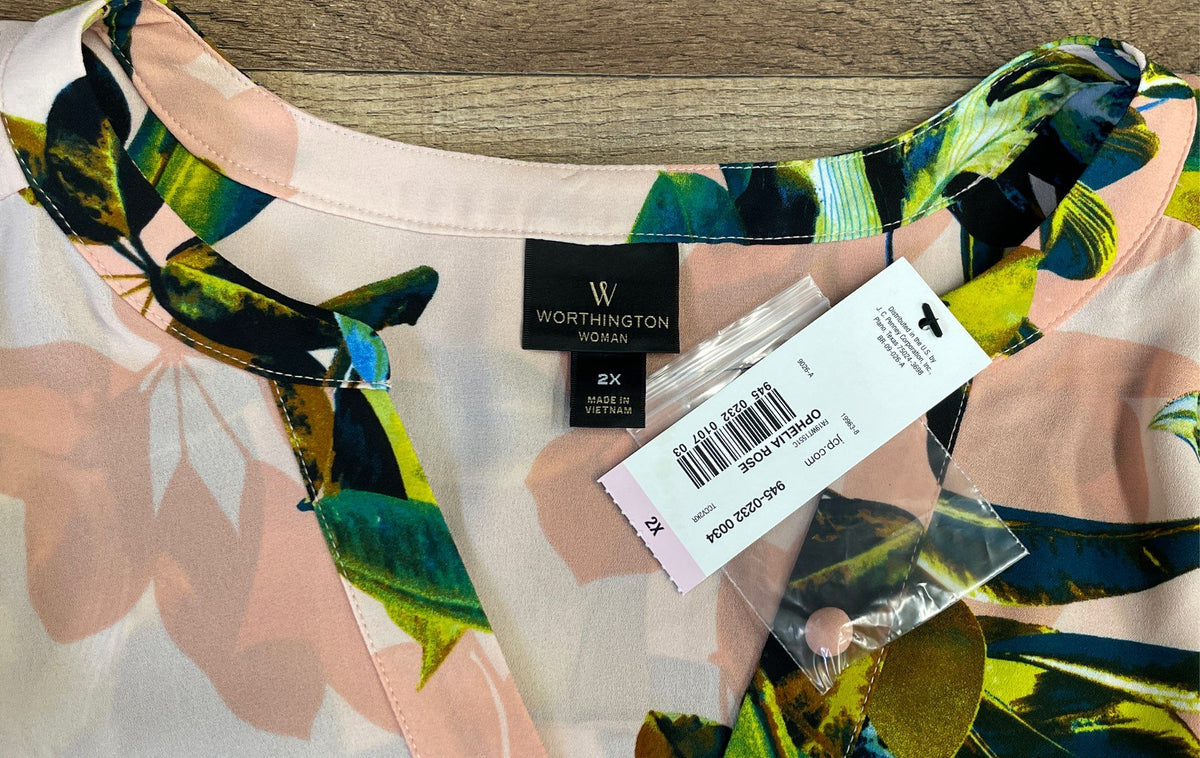 Worthington Women's Ophelia Rose Floral Blouse V-Neck Roll-Tab Sleeve NWT Sz 2X