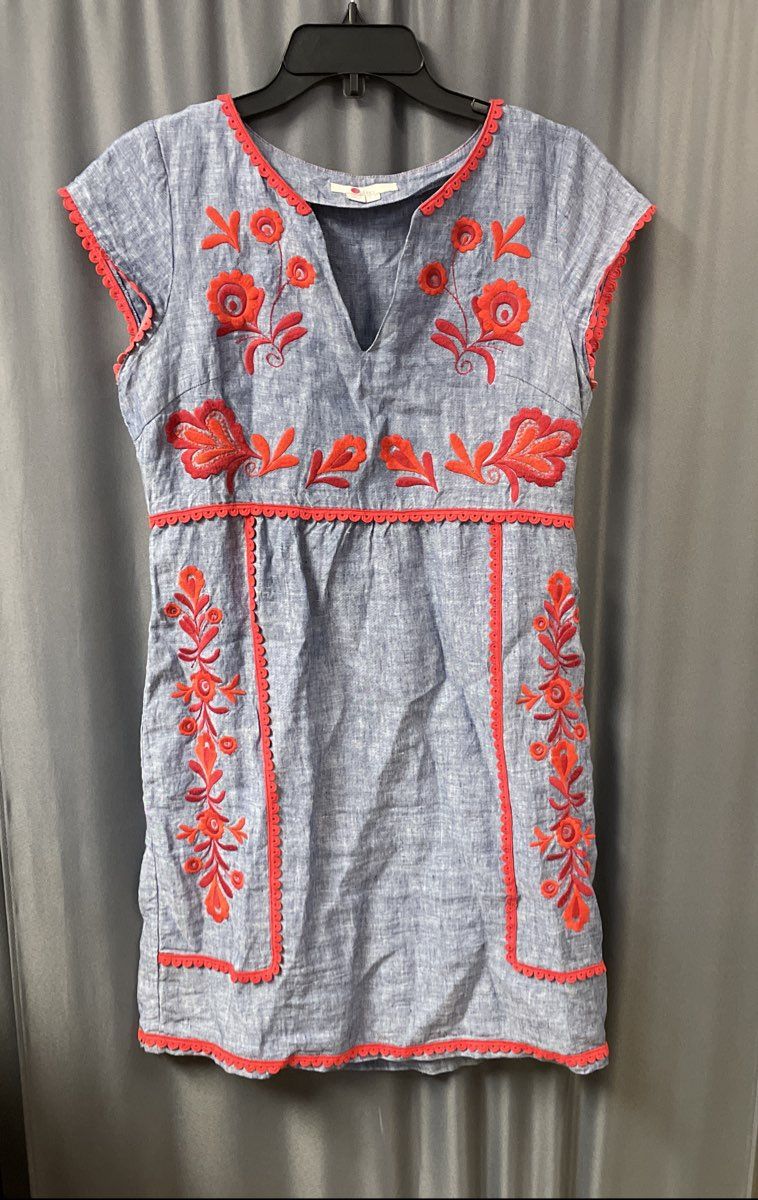 Boden Women's Blue Red Floral Embroidered Scallop Trim Linen Dress Sz 2R