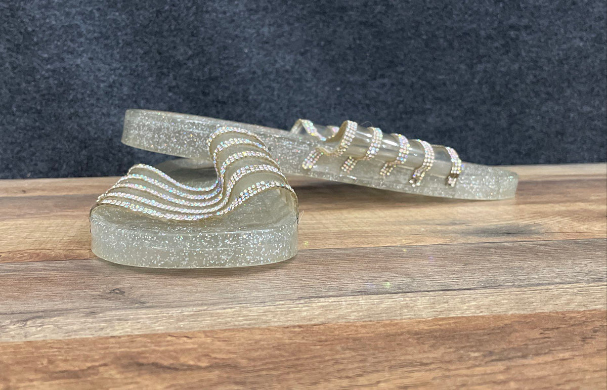 H2K Clear Transparent Silver Glitter Rhinestone Jelly Slides Women's Size 11
