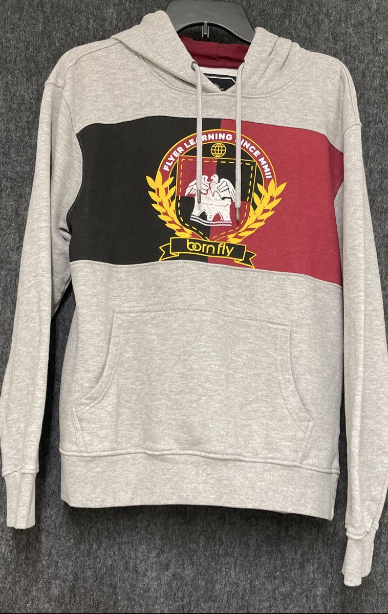 Born Fly Men's Grey Colorblock Crest Logo Pullover Hoodie Sz M