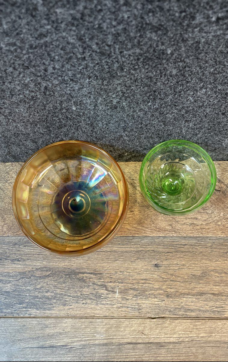 Carnival & Pressed Glass Marigold Green 2 Piece Lot Compote Sherbet Vintage