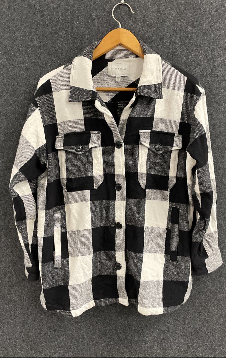 Lucky Brand Women's Black White Buffalo Plaid Flannel Shacket Shirt Jacket Sz M