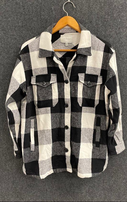 Lucky Brand Women's Black White Buffalo Plaid Flannel Shacket Shirt Jacket Sz M