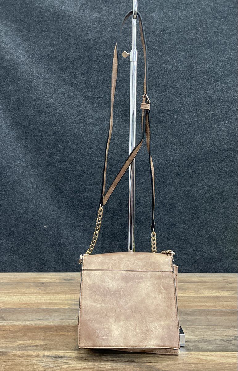 Tan Distressed Faux Leather Crossbody Shoulder Bag Circular Turn Lock Hardware