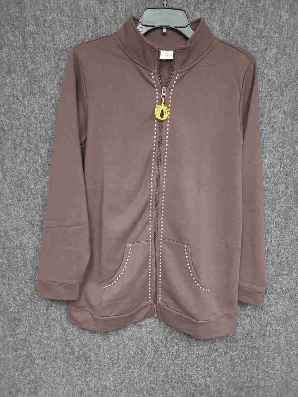 Quacker Factory Women's Brown Autumn Harvest Pumpkin Rhinestone Jacket Tee Sz S