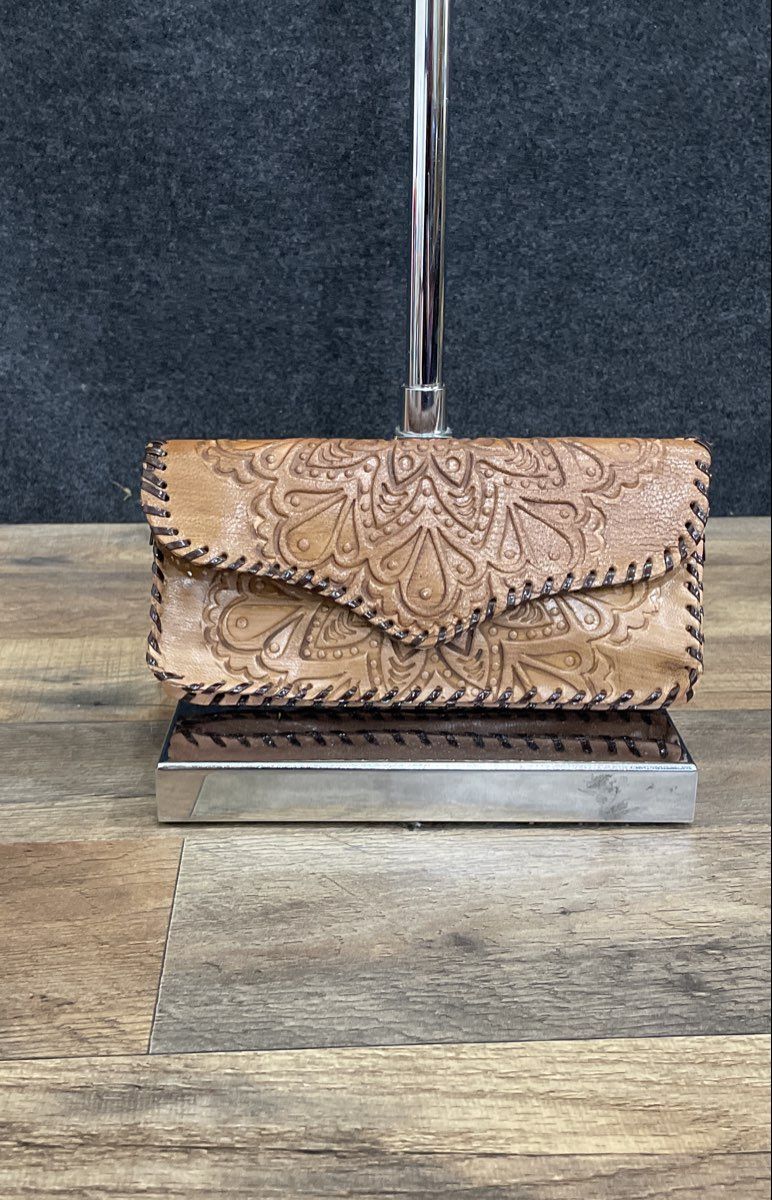Vintage Tan Tooled Leather Mandala Floral Whipstitch Clutch Wallet