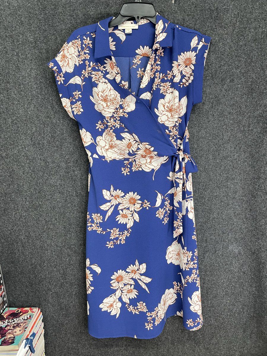 Monteau Los Angeles Women's Blue Floral Faux Wrap Surplice Dress Sz XL