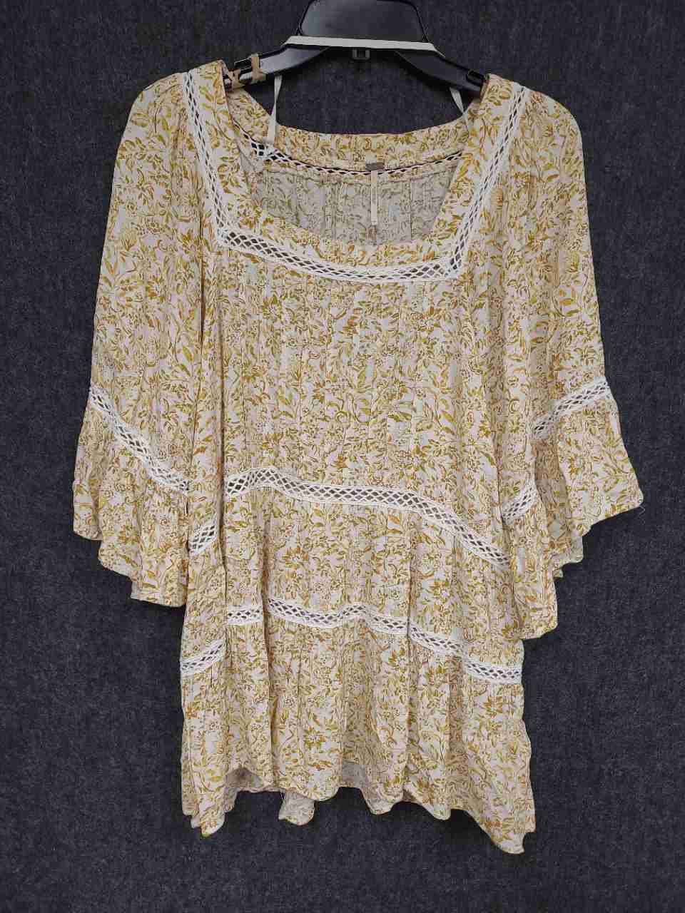 Free People Women's Yellow Floral Lace Bell Sleeve Tunic Mini Dress Sz S