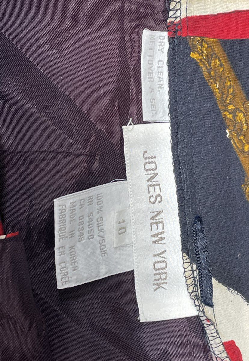 Vintage 90s Jones New York Women's Navy Silk Flag Saber Print Wrap Skirt Sz 10