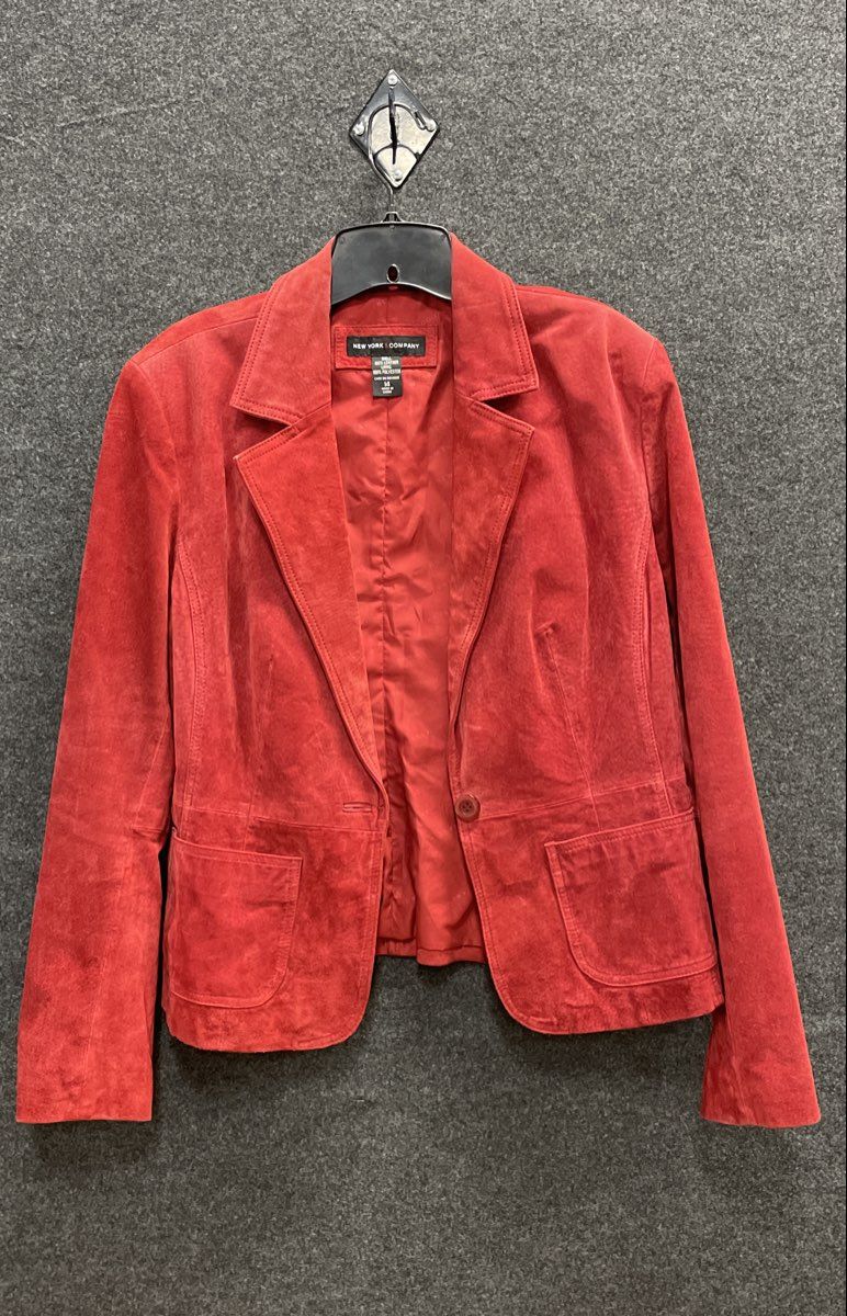 New York & Company Women's Red Suede Leather Single Button Blazer Jacket Sz 14