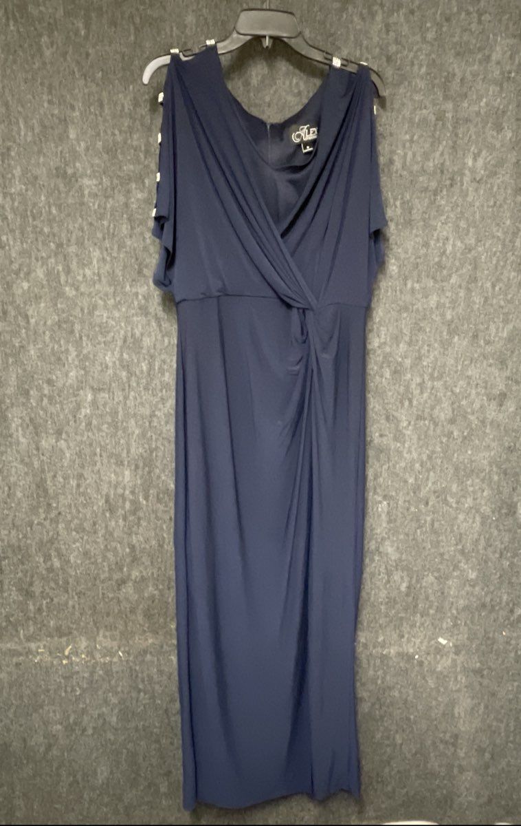 Alex Evenings Women's Navy Blue Rhinestone Cold Shoulder Surplice Gown Dress 16