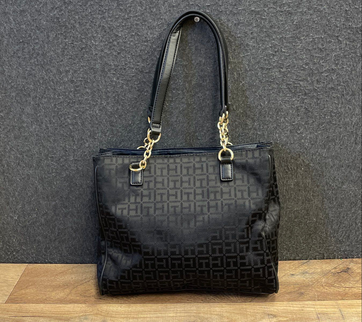 Tommy Hilfiger Black Monogram Jacquard Shoulder Tote Bag Gold Hardware