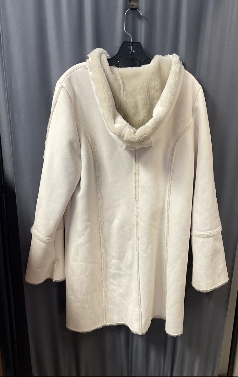 Coldwater Creek Women's White Faux Shearling Hooded Toggle Coat Sz M