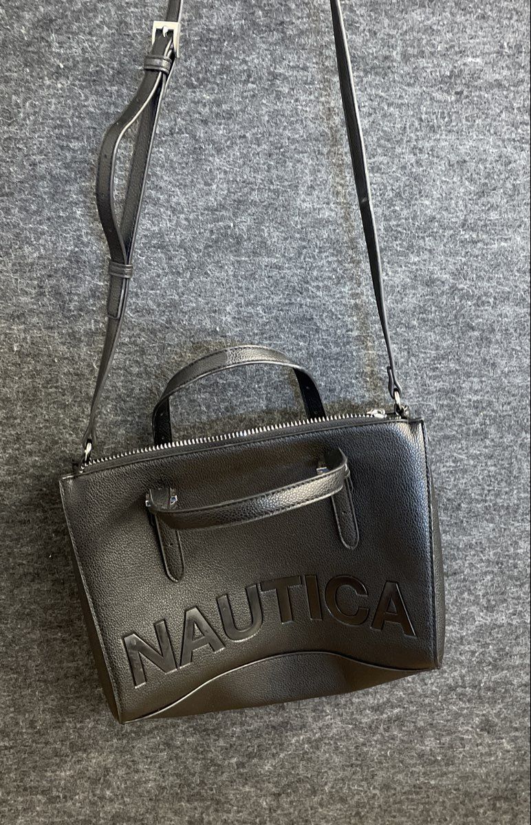 Nautica Black Faux Leather Embossed Logo Satchel Crossbody Shoulder Bag