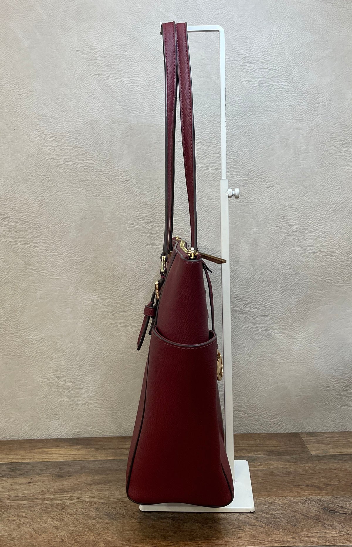 Michael Kors Burgundy Charlotte Saffiano Leather Top Zip Tote Gold Hardware