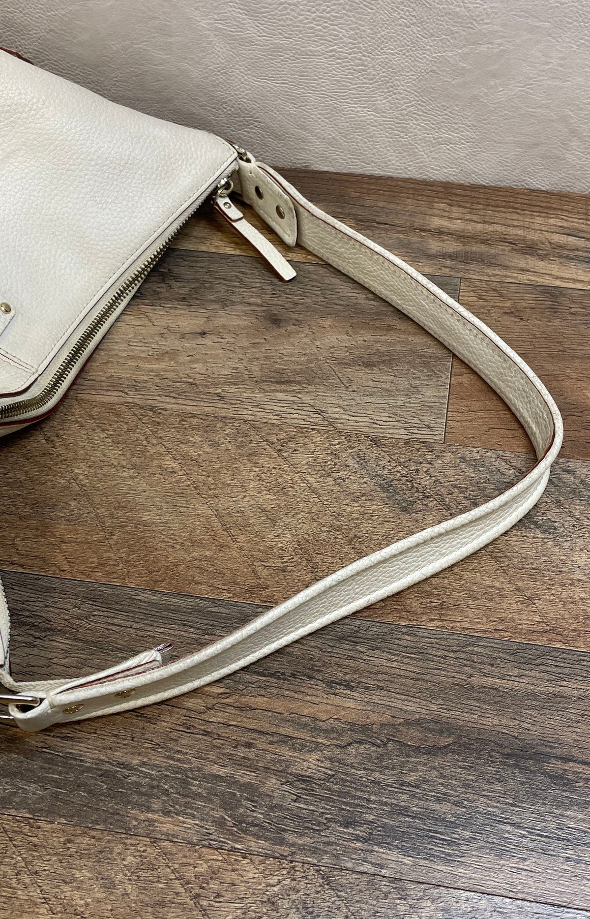 Kate Spade White Pebbled Leather Shoulder Bag Hobo Purse Green Polka Dot Lining