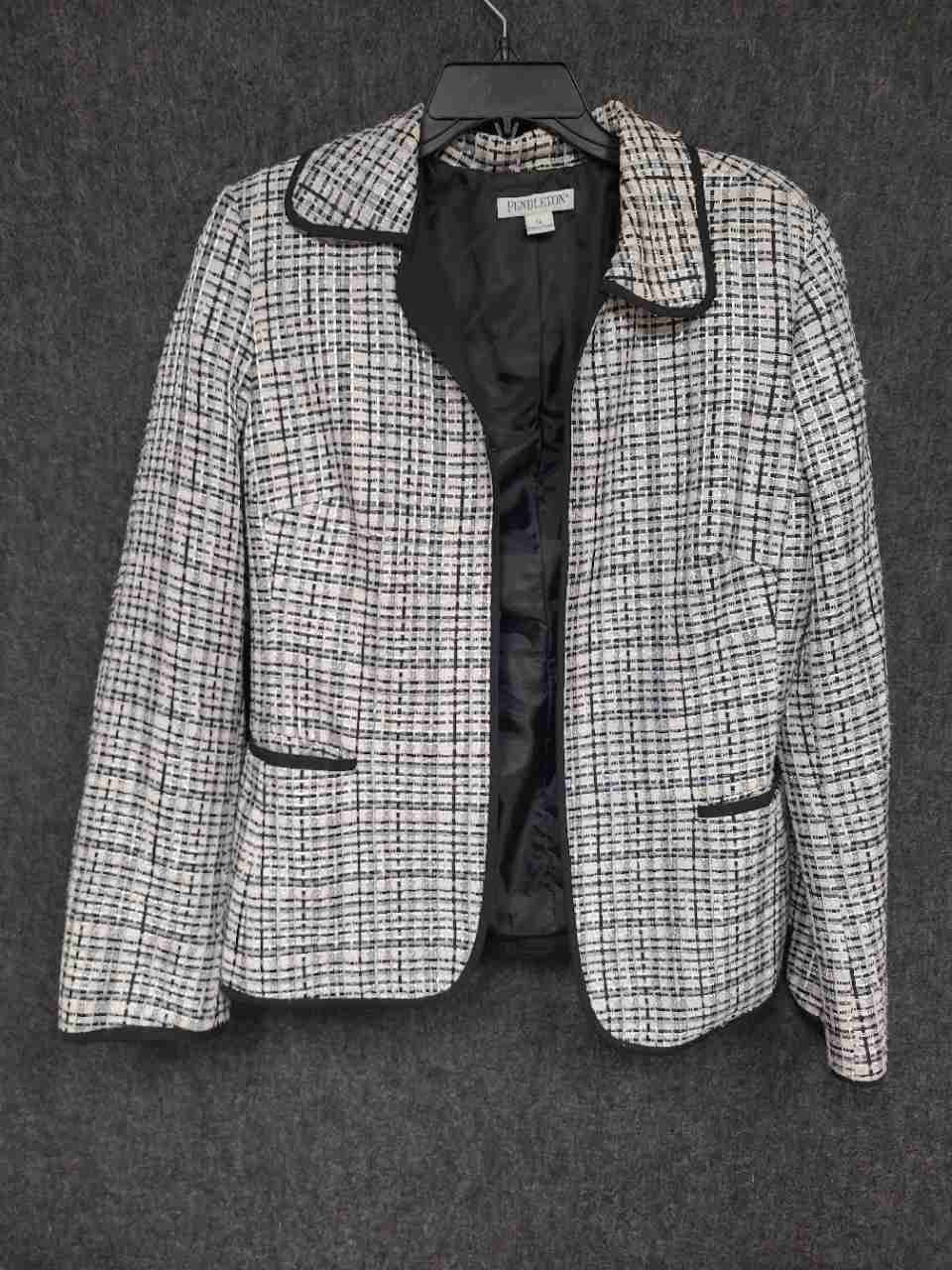 Pendleton Women's Pink Black White Tweed Plaid Open Front Blazer Jacket Sz 14