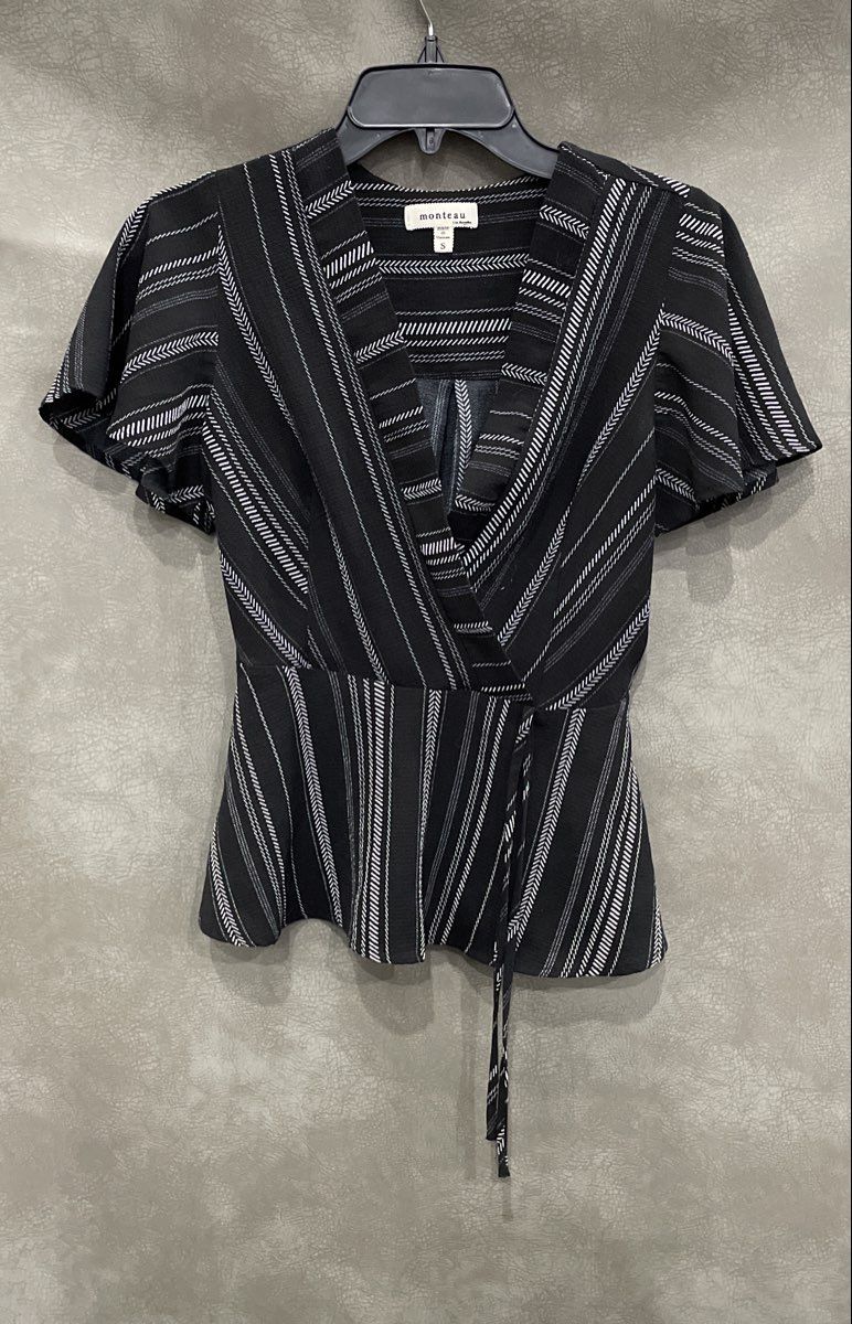 Monteau Women's Black White Striped Wrap Peplum Blouse Flutter Sleeve Sz S