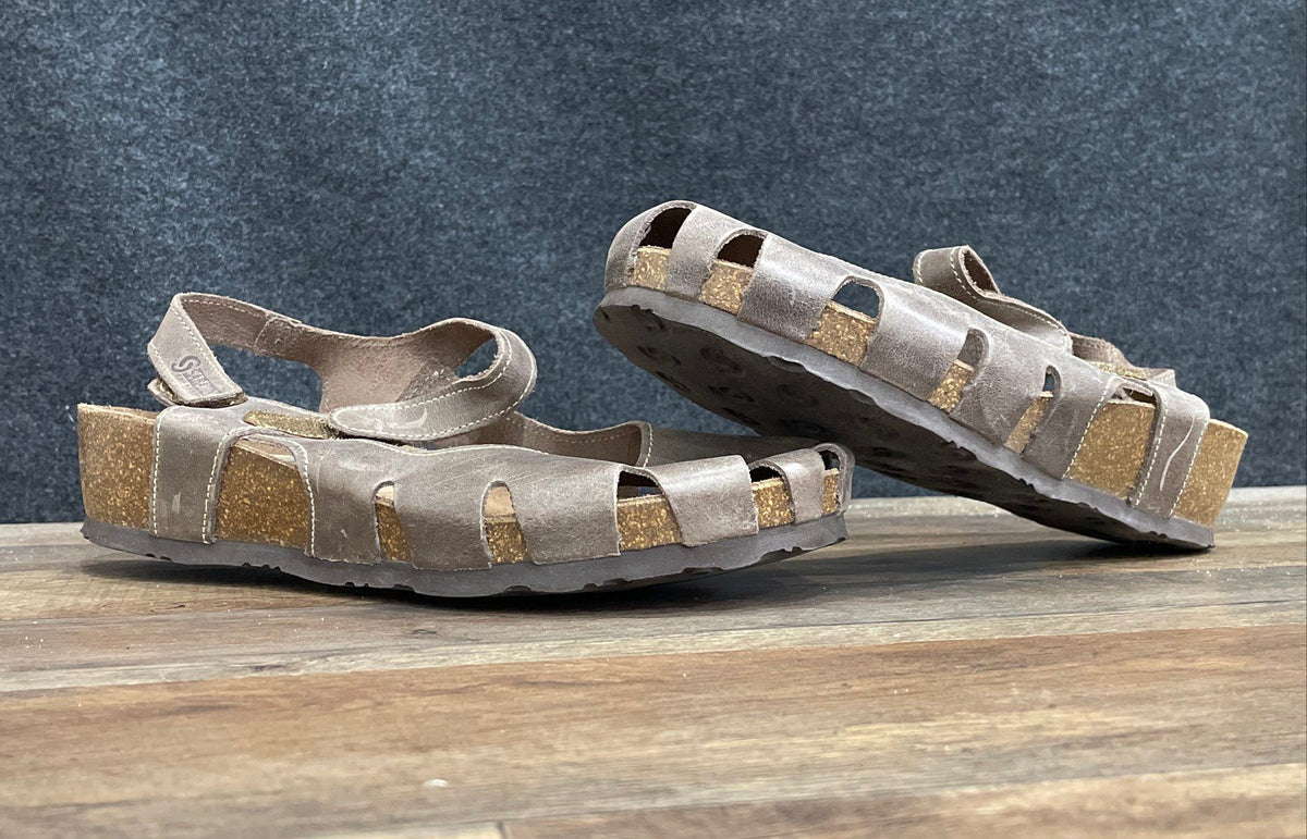 Sabatin Brown Leather Closed Toe Cork Wedge Mary Jane Slides Size 42