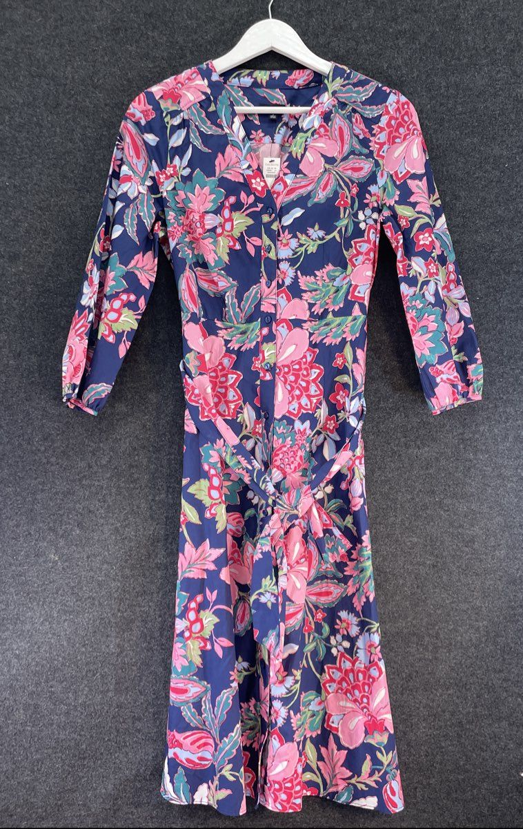 Talbots Women's Navy Floral Poplin Puff Sleeve Shirt Dress Sz 2 NWT