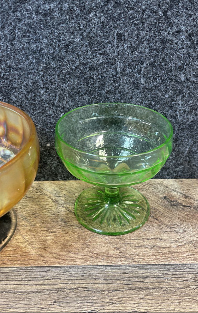 Carnival & Pressed Glass Marigold Green 2 Piece Lot Compote Sherbet Vintage