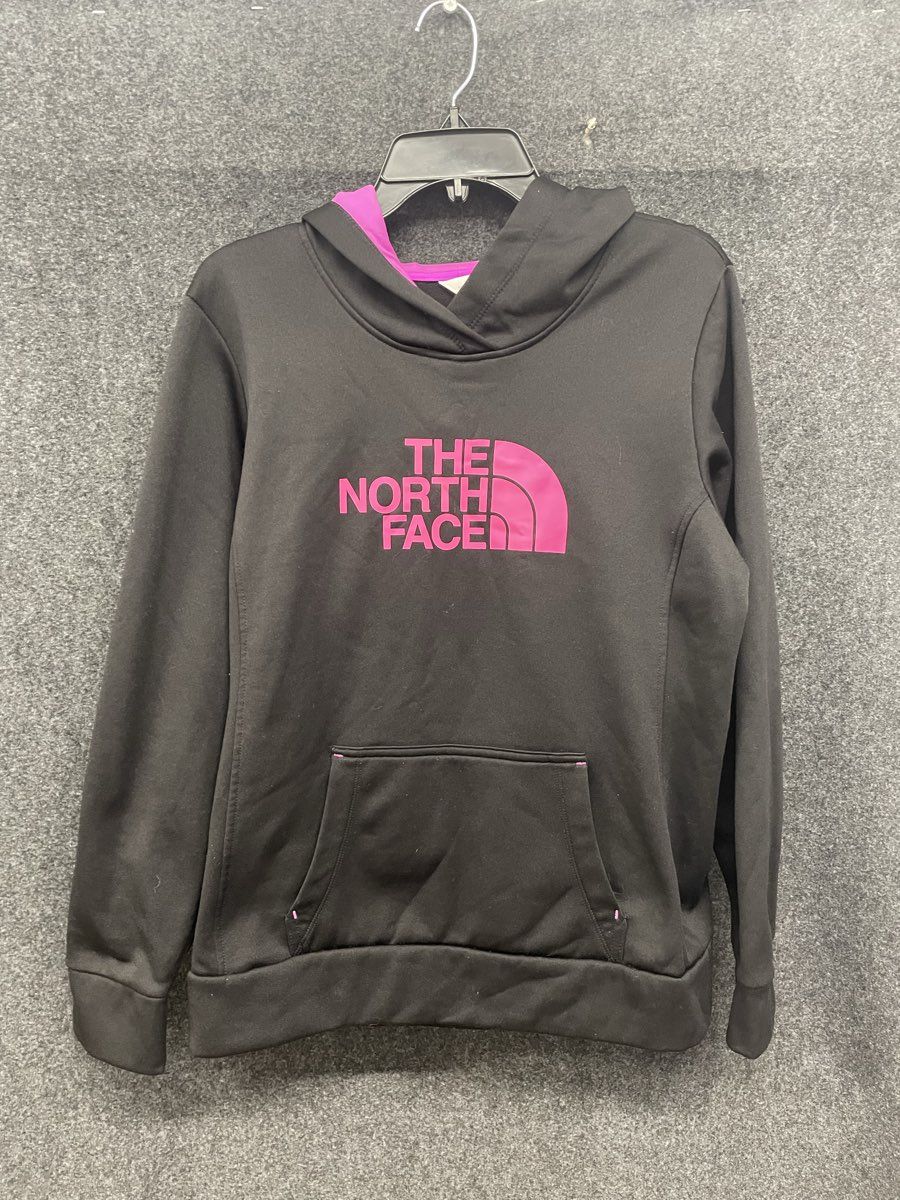 The North Face Women's Hoodie Black Pink Logo Pullover Fleece Lined Sz L